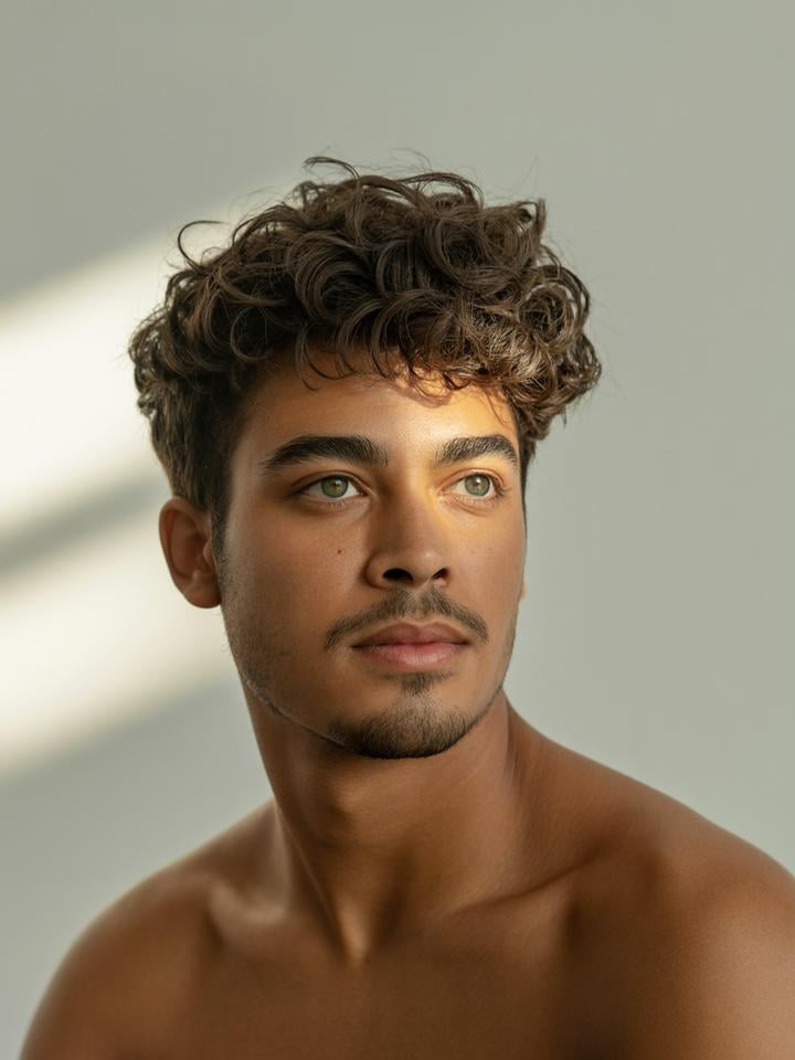 Rafael — AI fashion model: Curly brown hair, green eyes, goatee